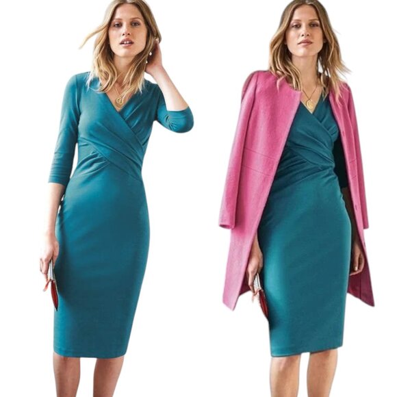 Boden Connie Crossover Front Ponte Knit Midi Dress - Teal - 4 - Picture 1 of 8